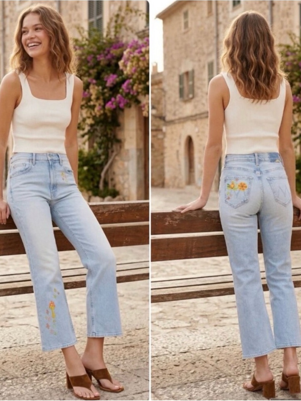 MOTHER Light Blue Cropped Embroidered Straight Jeans